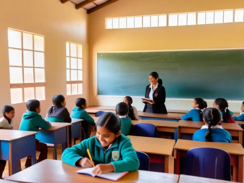 Una escena serena de educación inclusiva en Uruguay rural, con estudiantes diversos y un profesor apasionado, iluminada por la luz natural