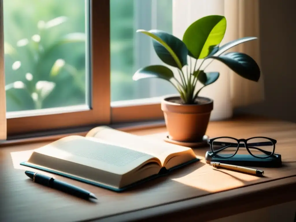 Escena serena de un libro abierto en un escritorio de madera, con útiles básicos y planta