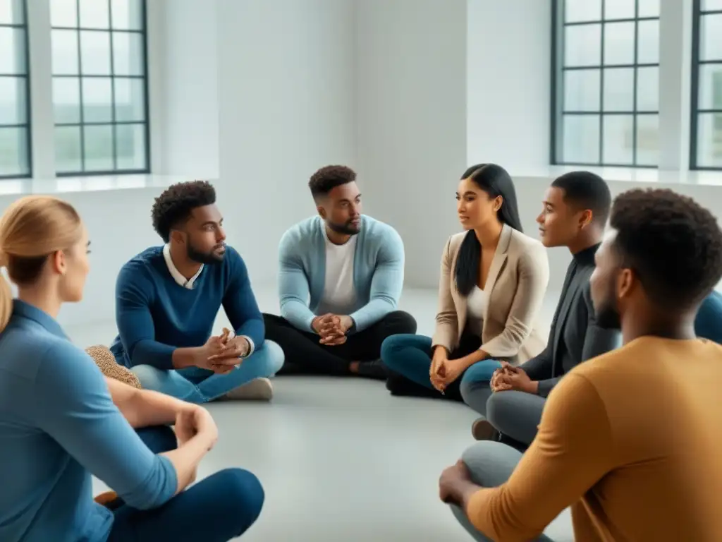 Una escena serena de mentoría para estudiantes en inclusión, con un grupo diverso y el mentor interactuando en un aula moderna iluminada