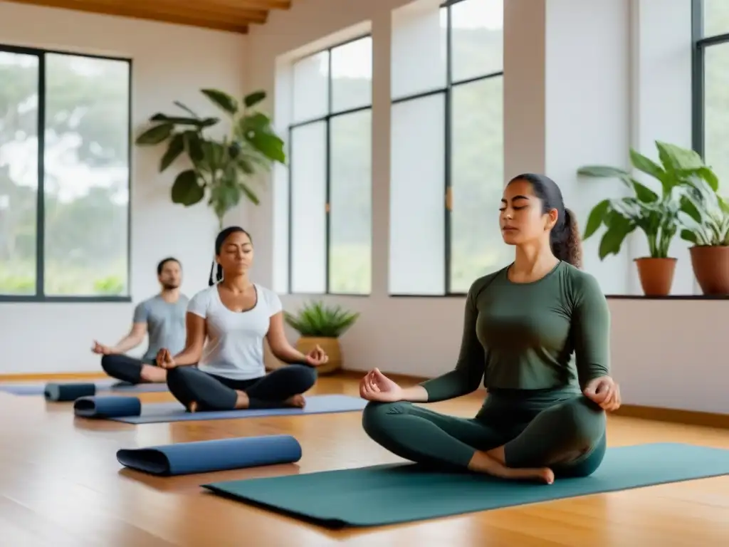 Una escena serena y minimalista de mindfulness en el aula en Uruguay, con estudiantes diversos practicando técnicas de concentración