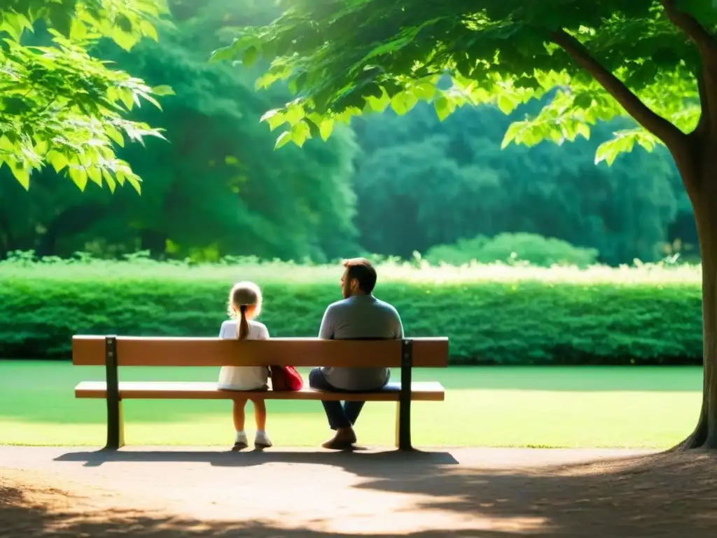 Una escena serena en un parque, donde un padre y un niño comparten confidencias en un banco rodeados de naturaleza