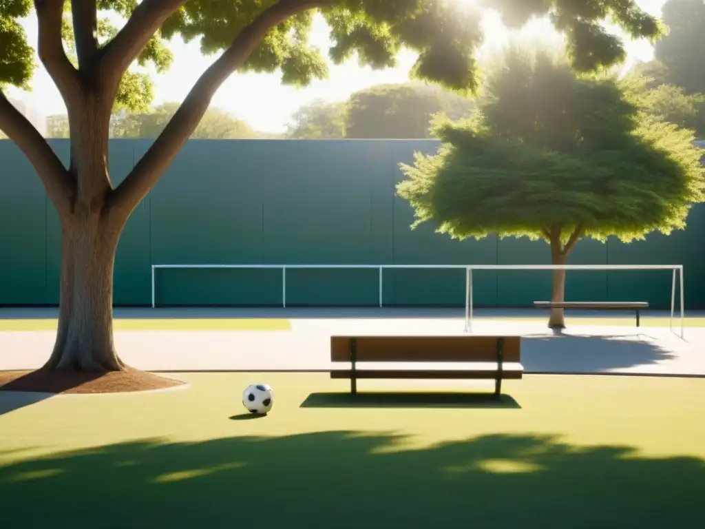 Una escena serena en un patio escolar soleado, con columpios vacíos, un balón de fútbol solitario y bancas bajo un árbol