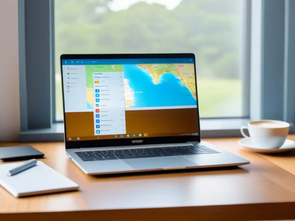Escena serena: portátil moderno sobre escritorio de madera iluminado por luz natural, con interfaz de aula virtual y mapa de Uruguay destacado