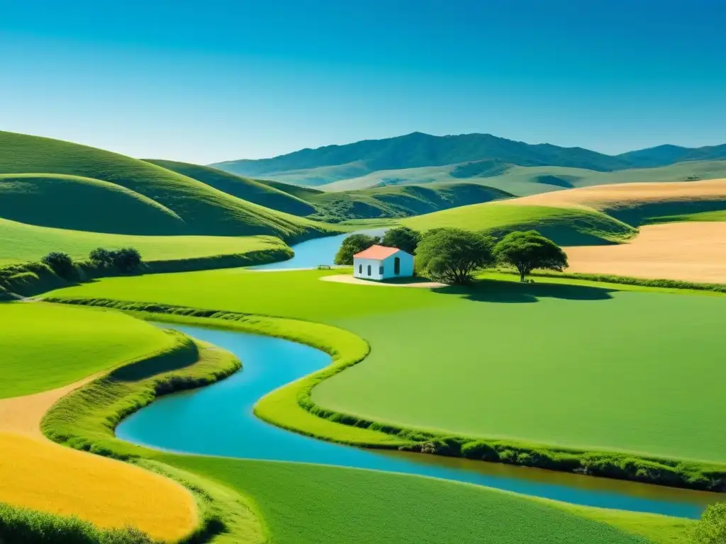 Escena serena de educación rural en Uruguay, con escuela entre colinas verdes y río