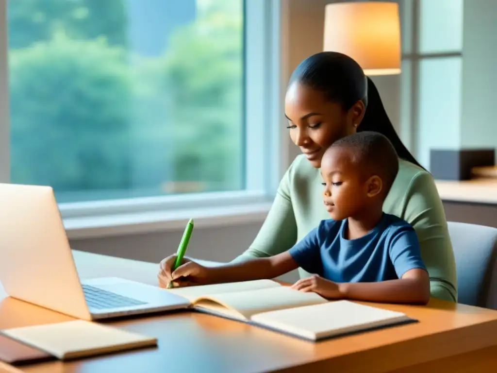 Una escena serena de orientación vocacional entre padre e hijo en Uruguay, con libros educativos y tecnología moderna