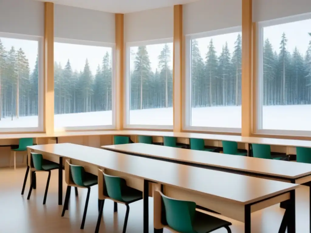 Aula finlandesa serena con vista a bosque nevado Escena tranquila de aula finlandesa con escritorios de madera y ventana nevada