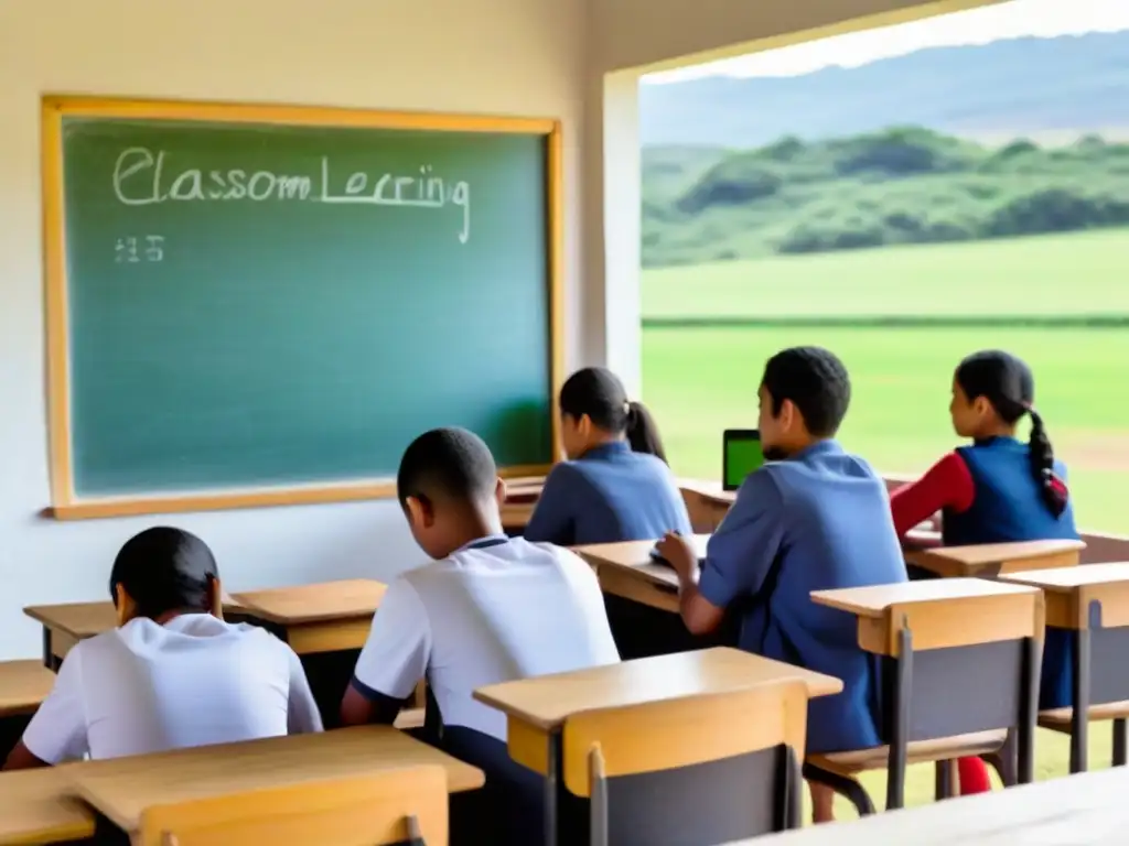 Escena tranquila de aula rural en Uruguay con estudiantes diversos concentrados en actividades de mlearning en educación rural Uruguay