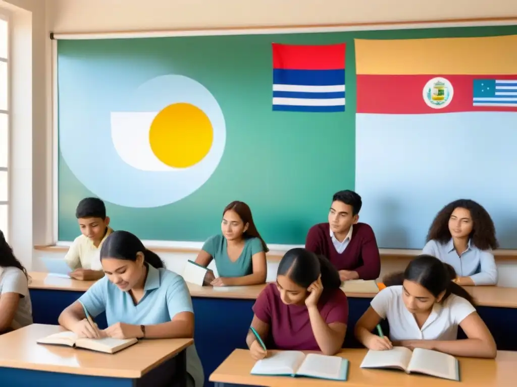 Una escena vibrante de educación bilingüe en Uruguay, con alumnos diversos concentrados y colaborando en un aula moderna y luminosa