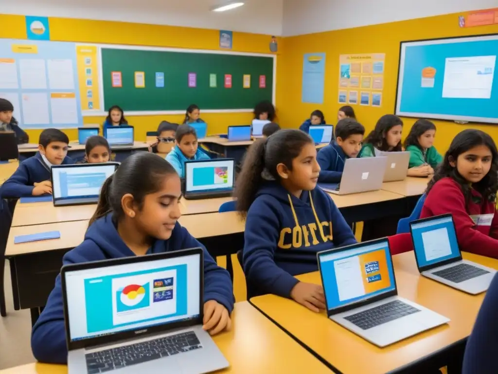 Escena vibrante de aula en Uruguay con programación educativa con Scratch, estudiantes diversos concentrados en sus laptops