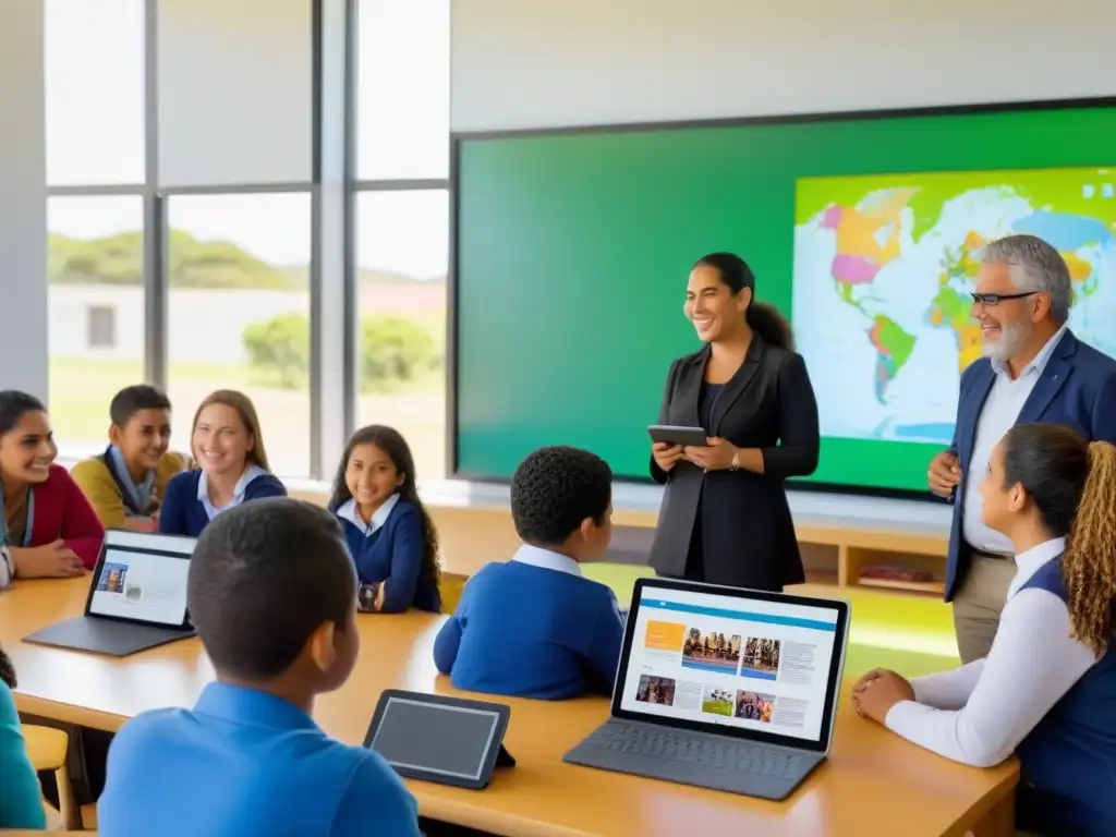 Una escena vibrante de educadores y estudiantes en un aula moderna en Uruguay, fomentando la colaboración e innovación educativa