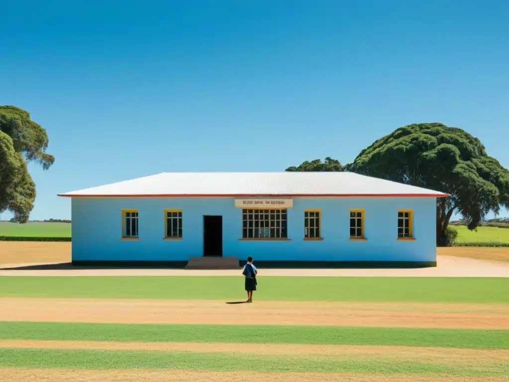 Un escenario rural sereno en Uruguay con una escuela rodeada de campos verdes, niños jugando y un maestro supervisando