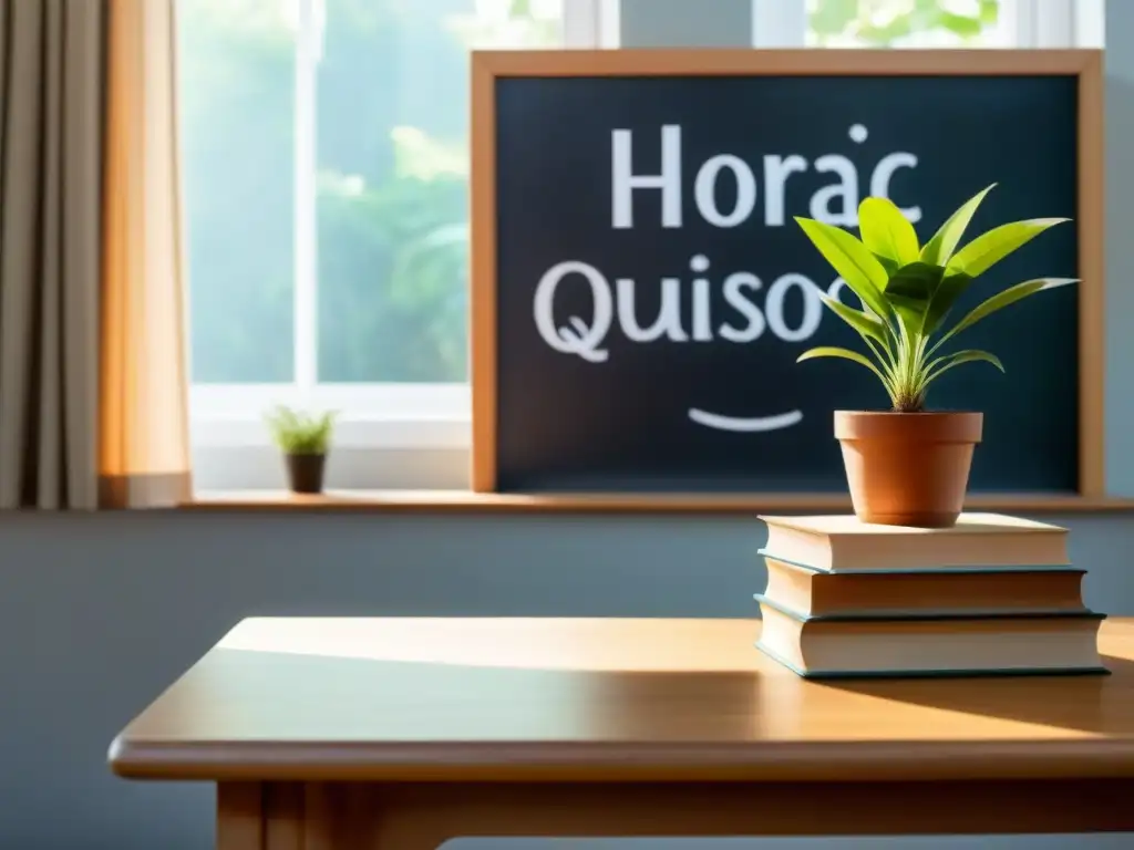 Escenario sereno de aula minimalista con libros de Horacio Quiroga, pizarra y planta