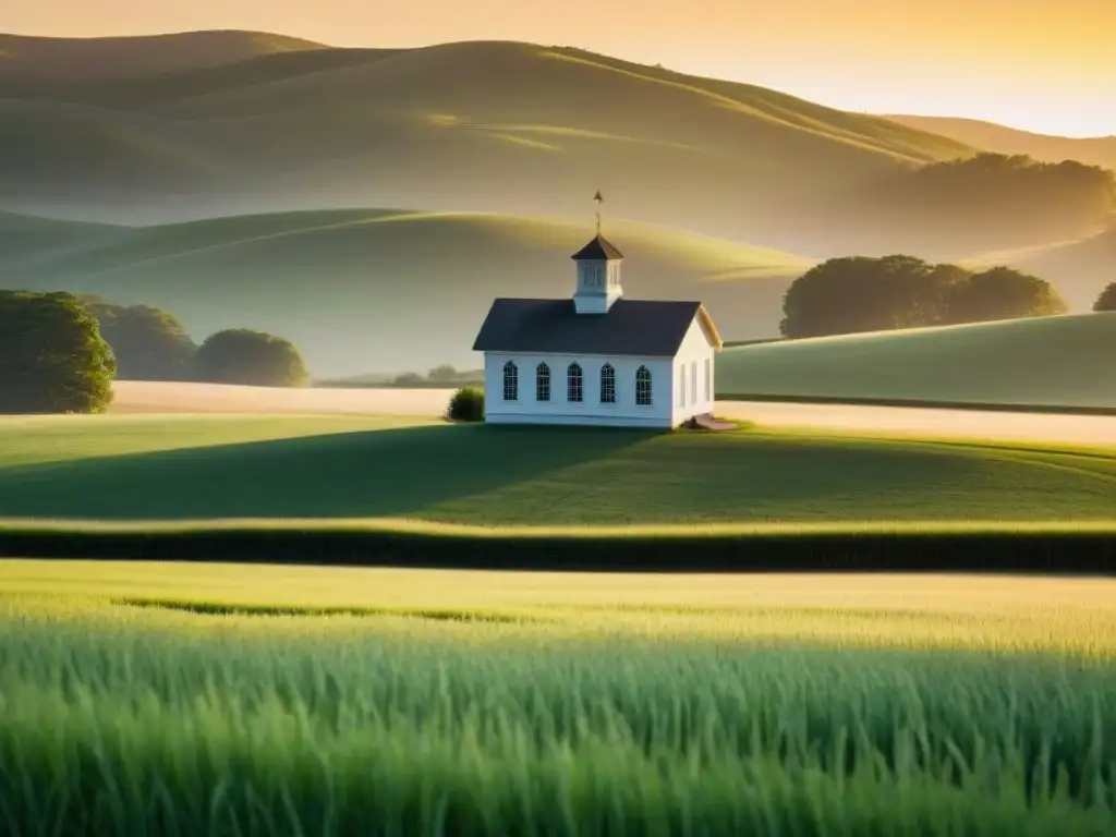 Un escenario sereno al amanecer: una escuela rural rodeada de campos verdes y colinas