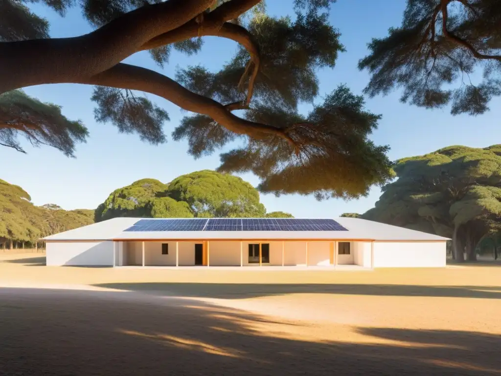 Un escenario sereno de una escuela rural en Uruguay iluminada por luces solares, con sombras suaves de los árboles circundantes