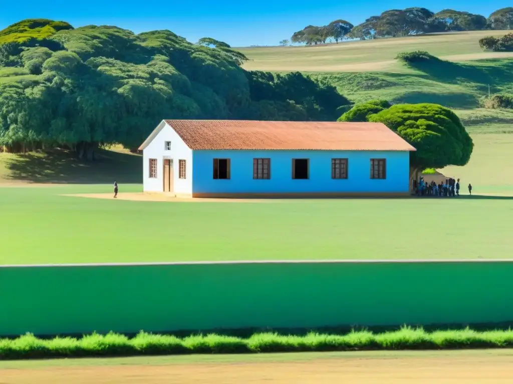 Un escenario sereno de una escuela rural en Uruguay, rodeada de campos verdes bajo un cielo azul