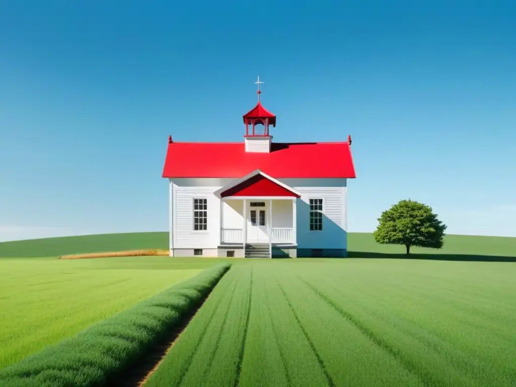Un escenario sereno de una escuela rural en Uruguay, rodeada de campos verdes bajo un cielo azul claro