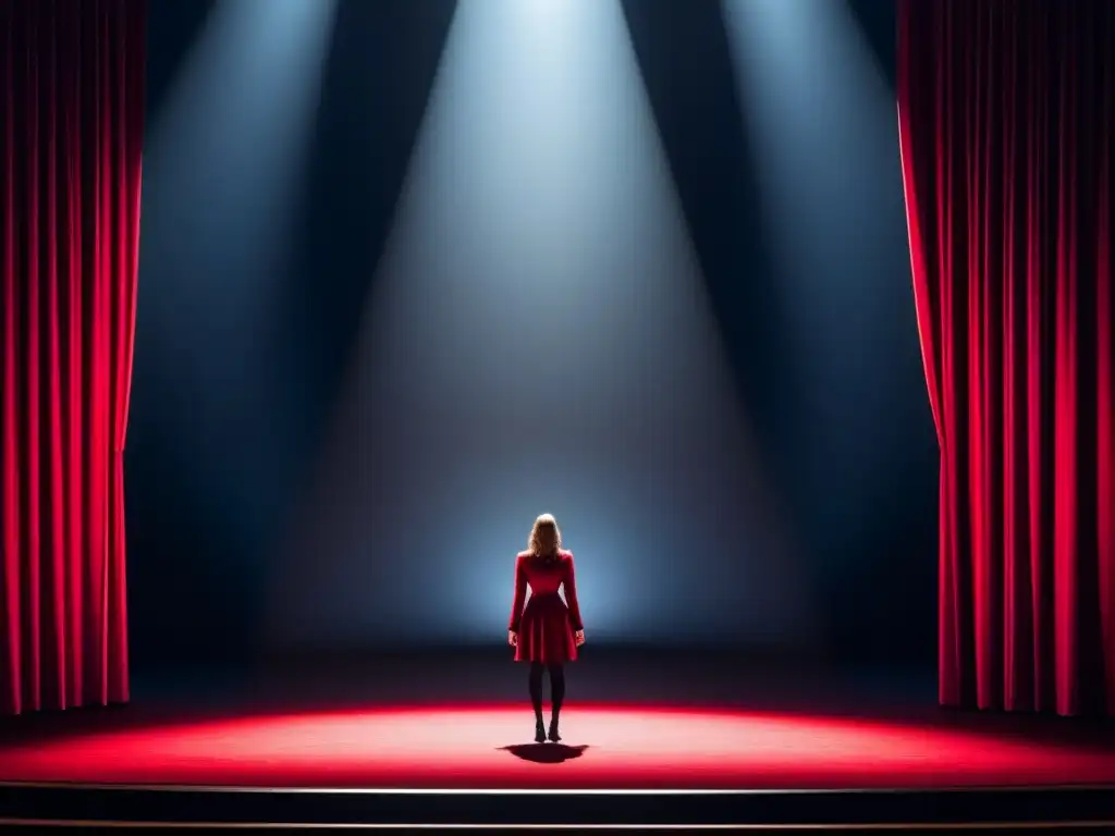 Un escenario vacío iluminado por un foco, con una cortina roja y una silueta en las sombras