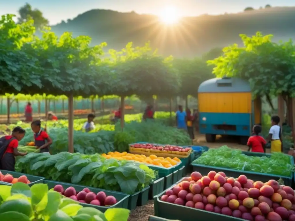 Un jardín escolar vibrante en Uruguay donde niños y maestros cosechan frutas y verduras, destacando la alimentación saludable en escuelas rurales