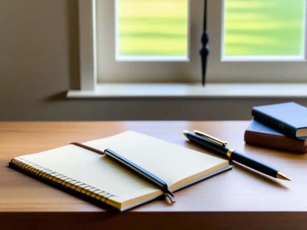 Un escritorio de madera con herramientas educativas ordenadas, como un diario, un bolígrafo, una regla y gafas