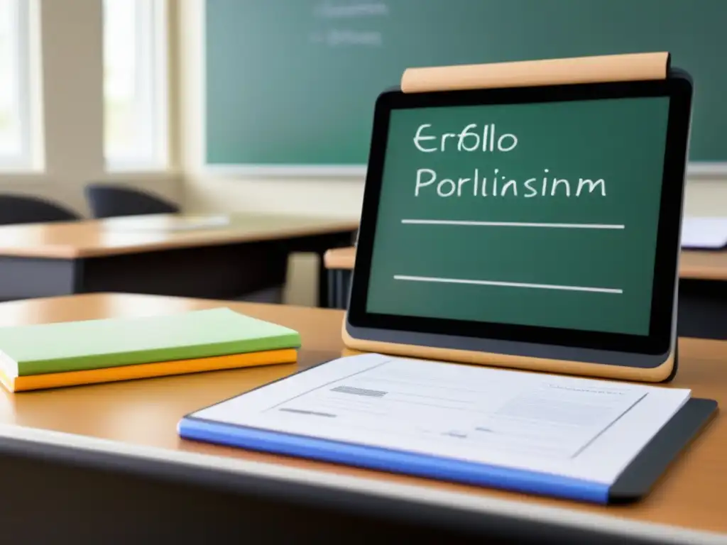 Un escritorio moderno con papeles ordenados, una tablet con eportfolio y lentes, en un aula con pizarra