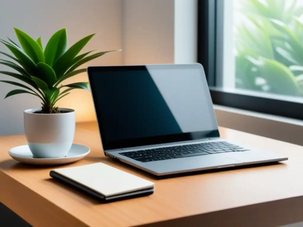 Escritorio moderno con laptop, teclado inalámbrico, cuaderno elegante y café