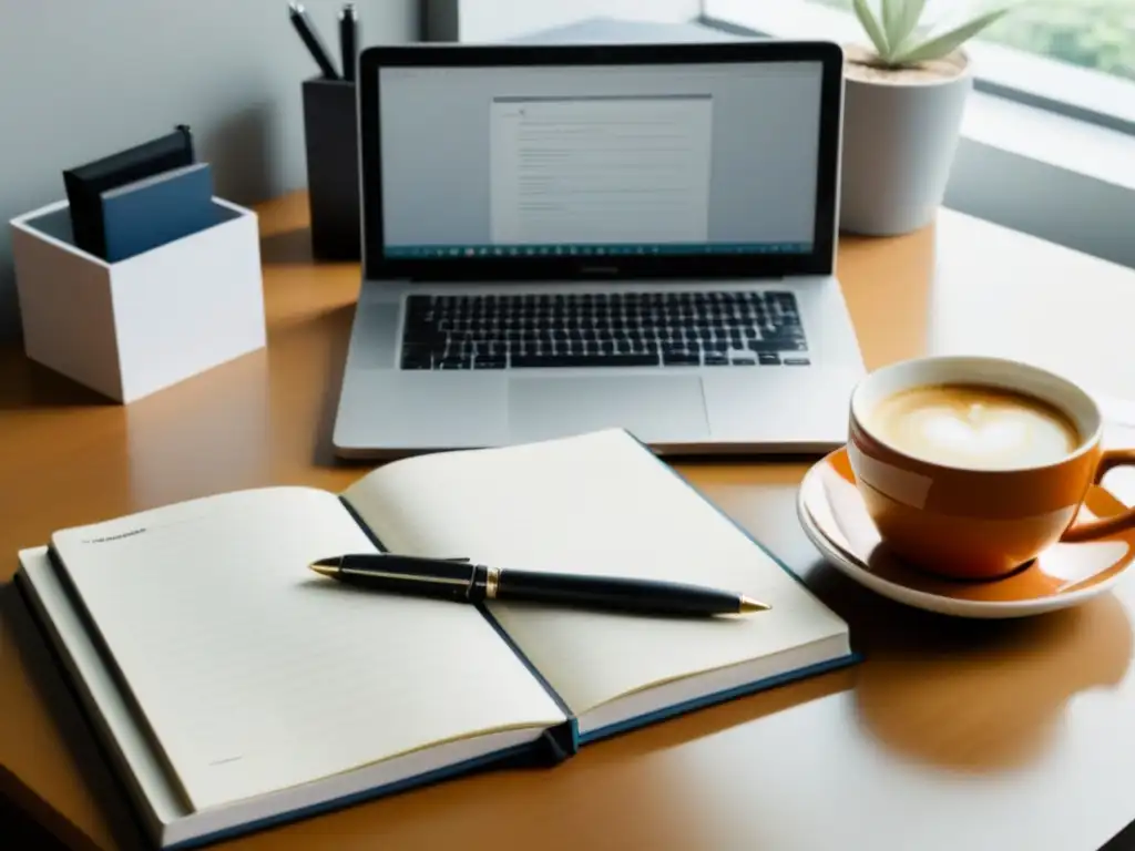 Un escritorio ordenado con laptop, libros financieros, café y cuaderno, bañado en luz natural