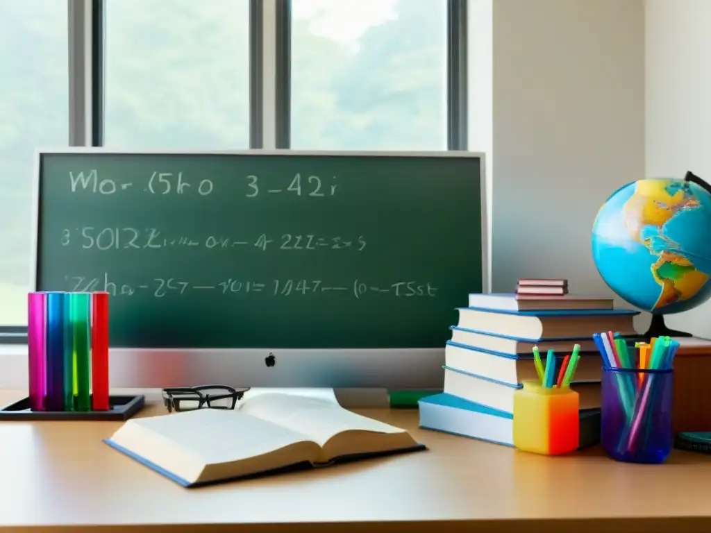 Un escritorio de profesor organizado con libros de matemáticas y ciencias, calculadora, globo terráqueo y tubos de ensayo