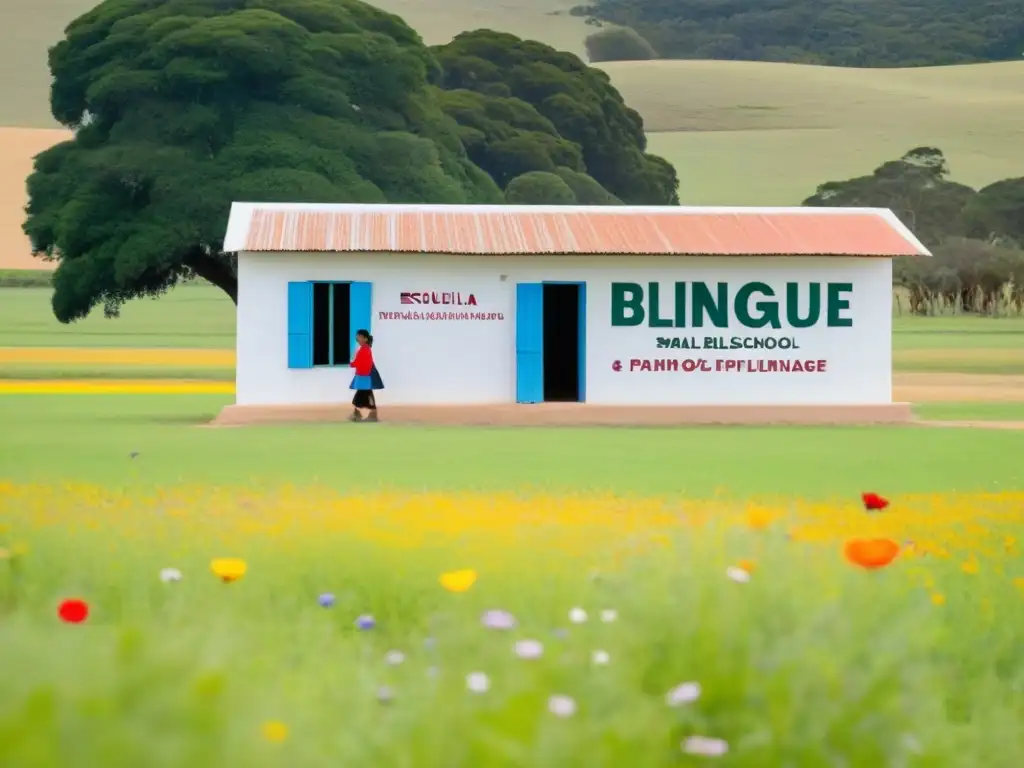 Una escuela bilingüe en zonas rurales de Uruguay, niños jugando felices entre naturaleza y diversidad cultural