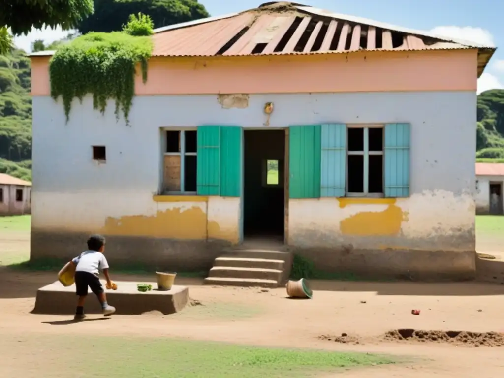 Escuela en desuso con niños jugando en el patio de tierra, rodeada de naturaleza