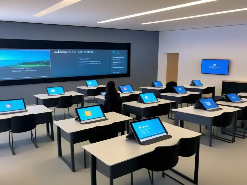 Aula del futuro en Uruguay: aprendizaje personalizado con IA Una escuela futurista en Uruguay con inteligencia artificial en educación, estudiantes diversos colaborando en proyectos innovadores