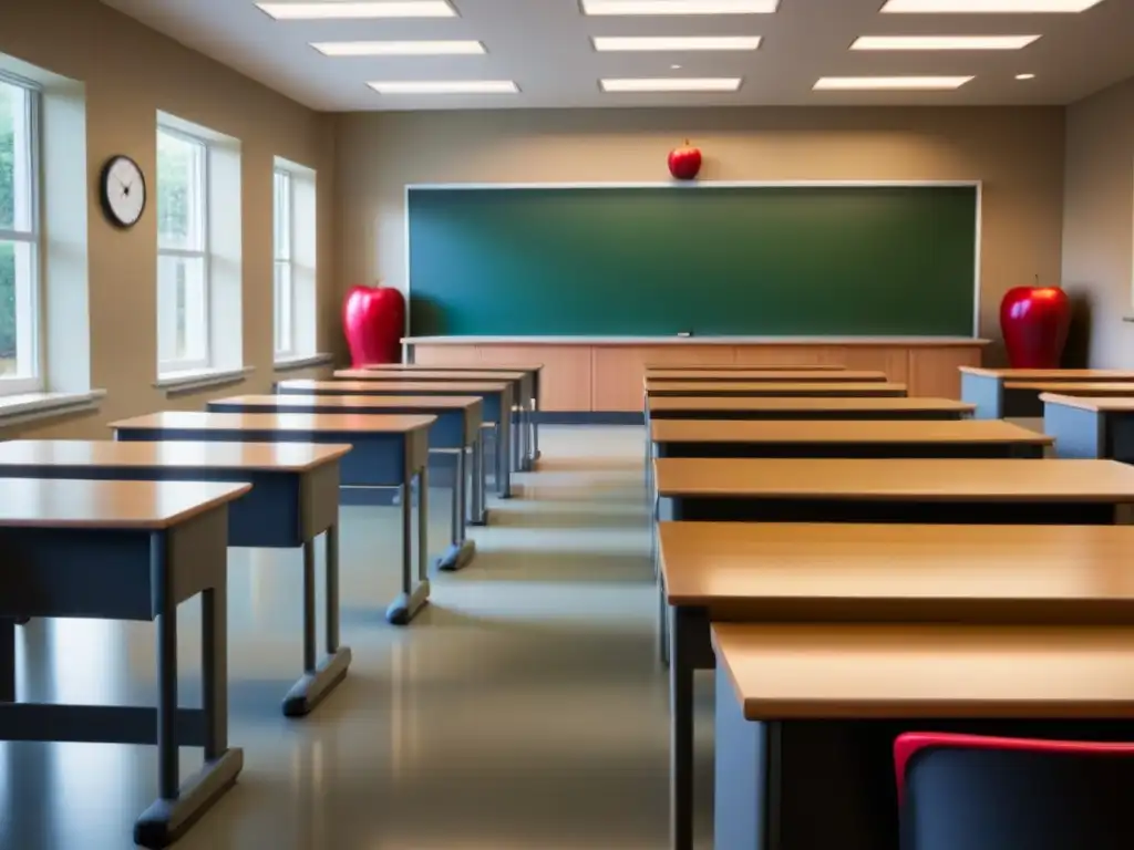 Escuela moderna con manzana roja en escritorio: Garantizar integridad evaluaciones educativas
