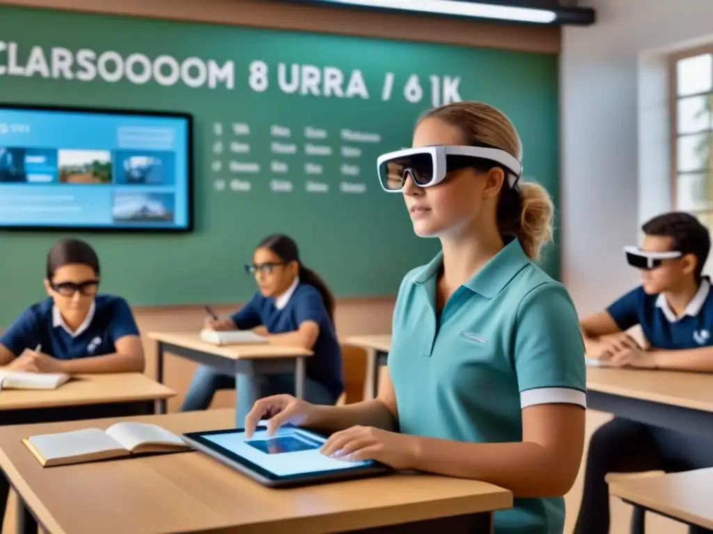 Escuela en Uruguay con Realidad Aumentada: estudiantes y maestro interactúan con elementos virtuales en libros, ambiente futurista