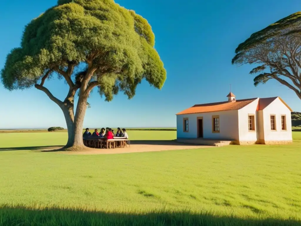 Escuela rural en Uruguay con alumnos aprendiendo al aire libre en un entorno sereno y educativo