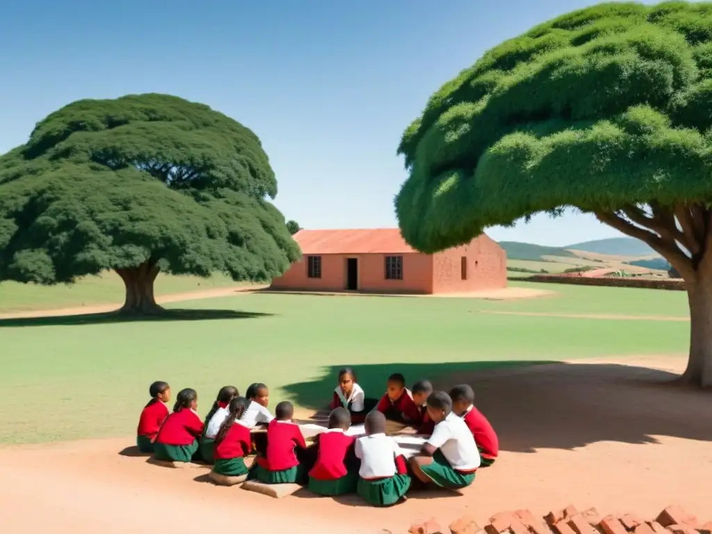 Escuela rural en Uruguay: niños estudian bajo un árbol, resaltando la lucha contra el abandono escolar en zonas rurales