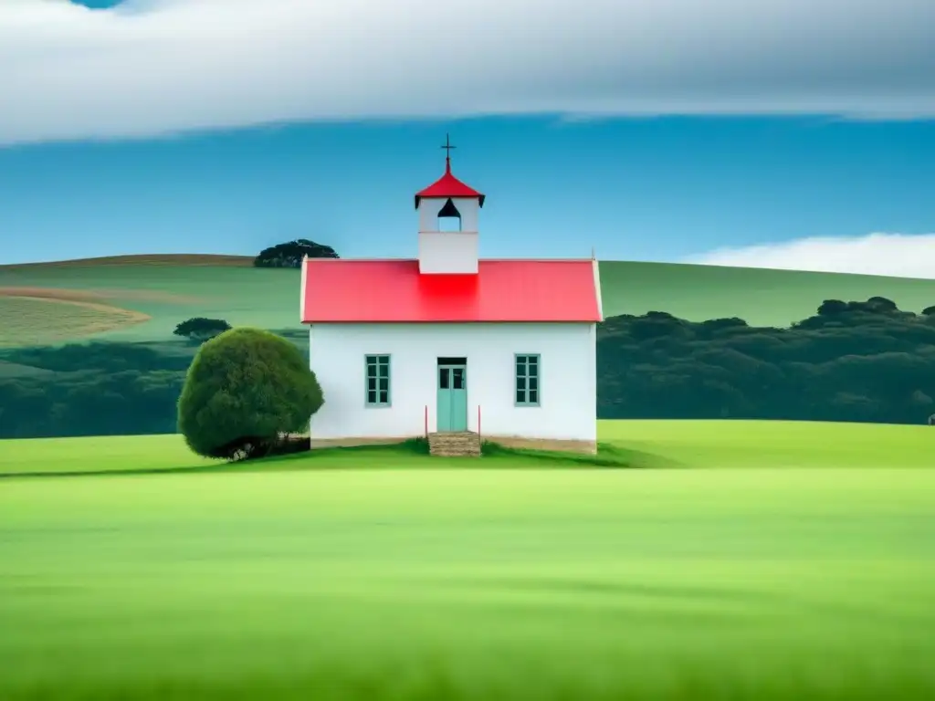 Escuela rural entre colinas verdes en Uruguay, transmitiendo paz