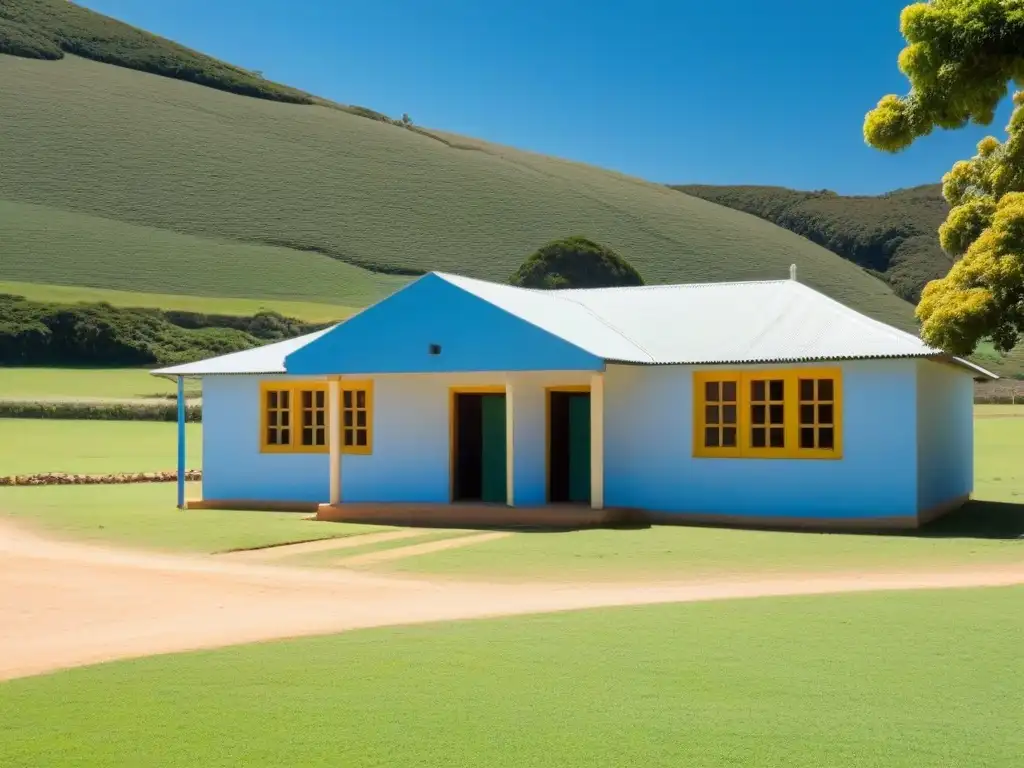 Escuela rural en Uruguay con enseñanza adaptativa, niños jugando y maestros guiando, bajo cielo azul y campos verdes exuberantes