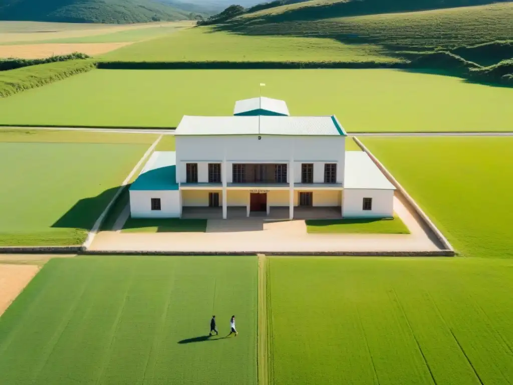 Escuela rural en Uruguay con estudiantes y campos verdes, reflejando la tranquilidad de la infraestructura escolar en el campo Uruguay