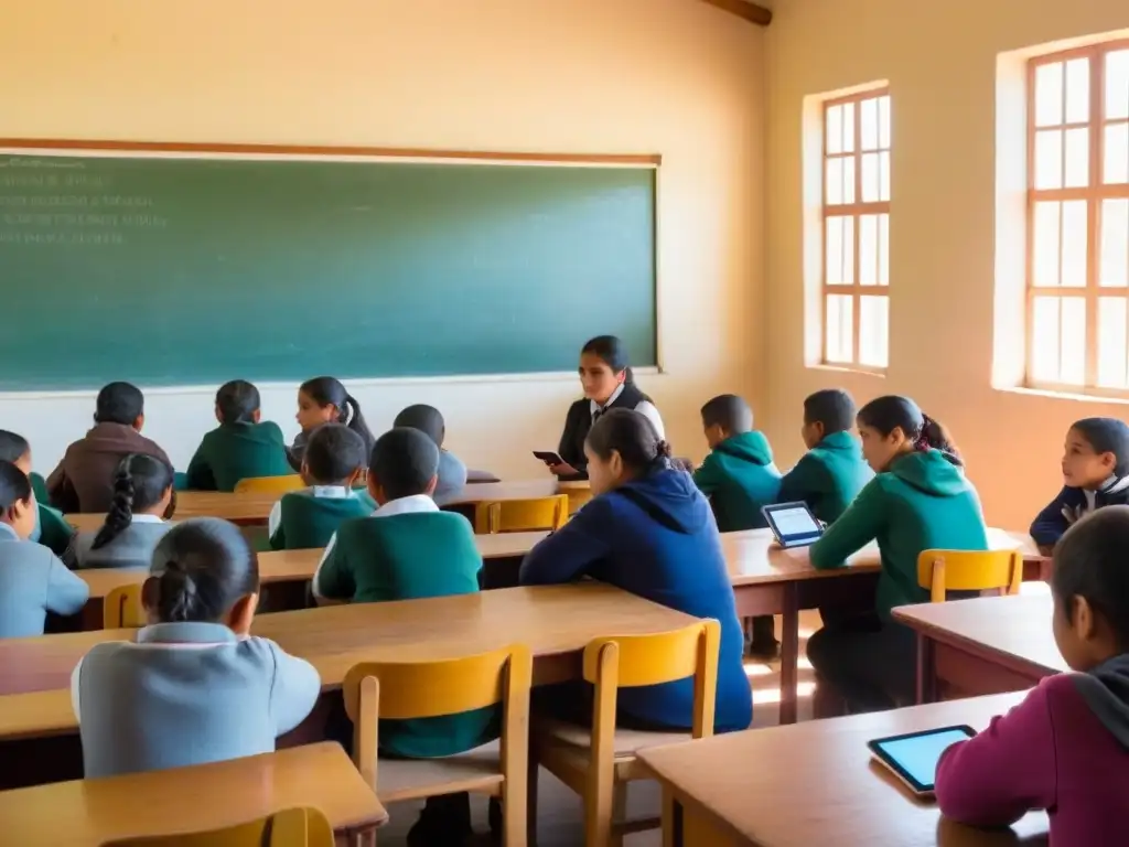 Una escuela rural uruguaya con estudiantes diversos usando smartphones en clase, reflejando la integración tecnológica en la educación