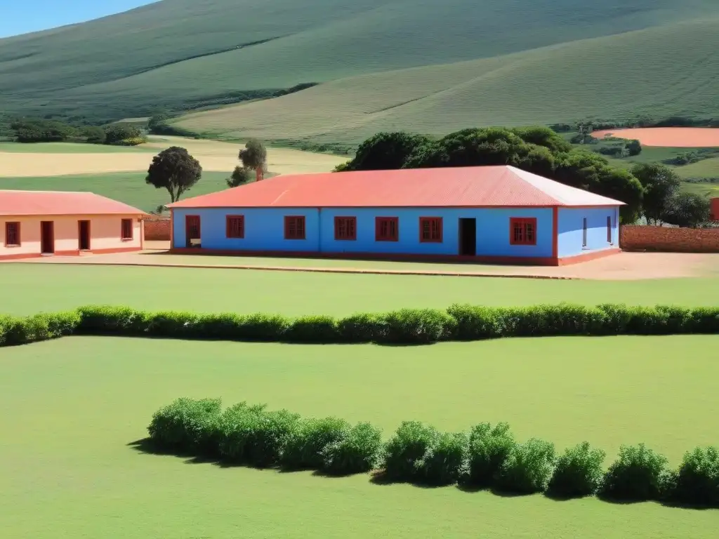 Escuela rural segura en Uruguay: niños felices jugando mientras agricultores trabajan en armonía con la educación