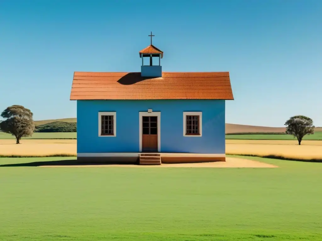 Escuela rural en Uruguay, niños felices juegan en campo verde