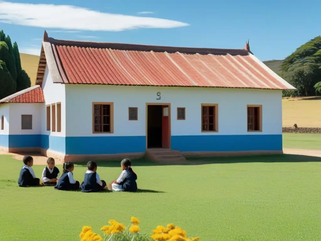 Escuela rural segura en Uruguay: Niños felices juegan bajo cielo azul en campo verde y florido, supervisados por sonriente maestro