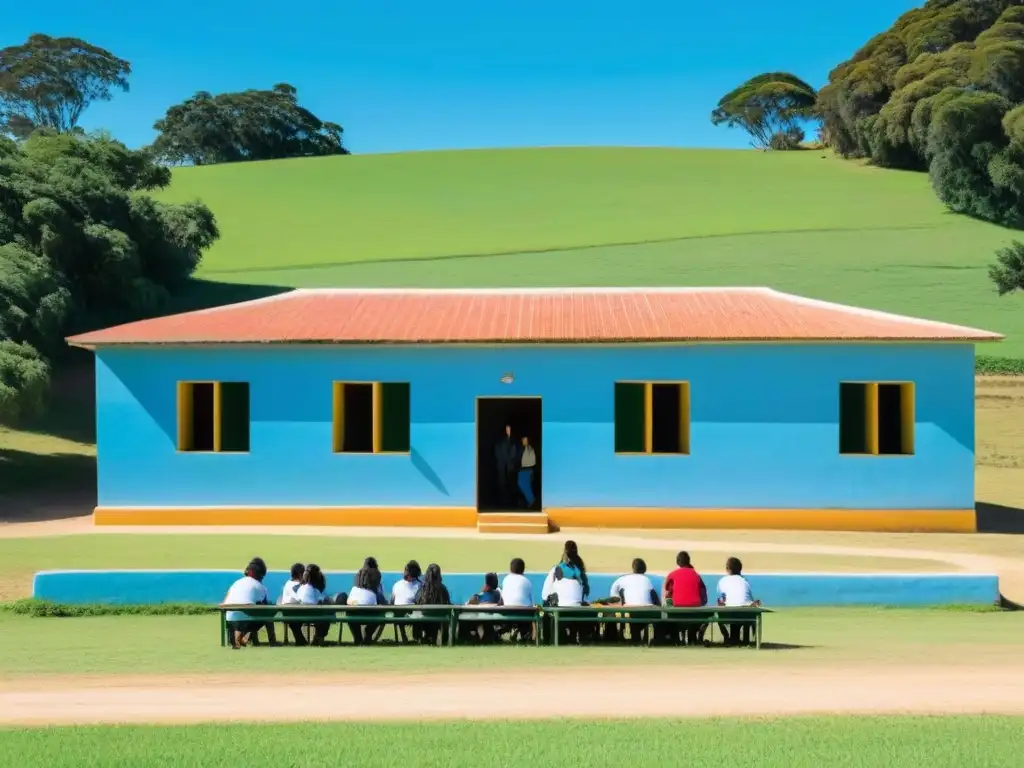 Una escuela rural en Uruguay con educación inclusiva, donde alumnos diversos colaboran al aire libre con éxito académico