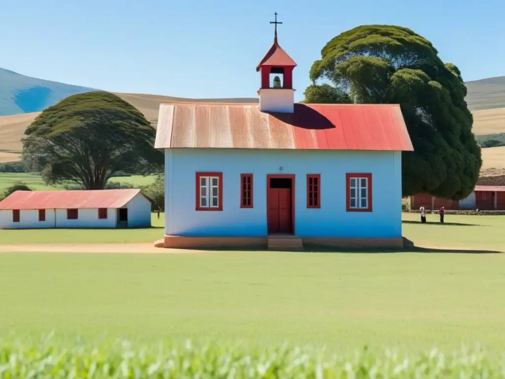 Escuela rural uruguaya con niños diversos aprendiendo historia de Uruguay en comunidad