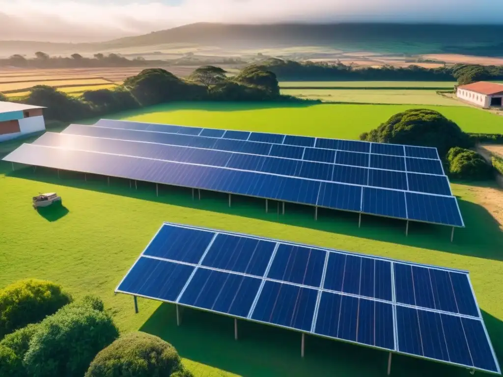 Escuela rural en Uruguay con paneles solares, niños felices jugando y estudiando bajo el cielo azul