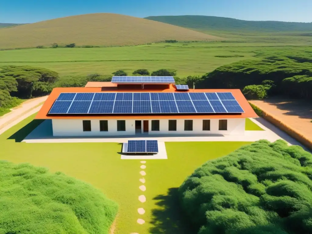 Escuela rural en Uruguay con paneles solares, rodeada de naturaleza