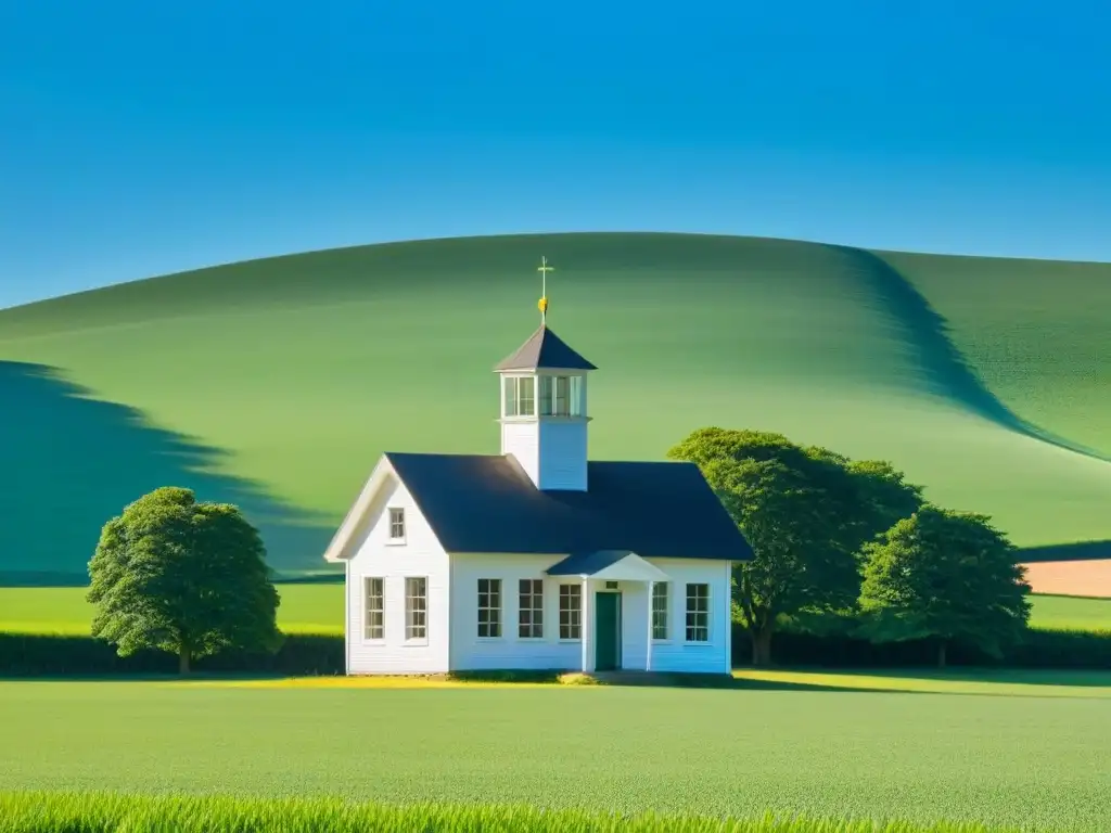 Escuela rural rodeada de campos verdes y cielo azul, transmitiendo paz y armonía