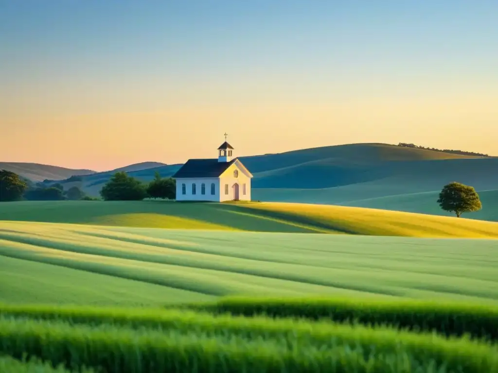 Escuela rural al amanecer, rodeada de campos verdes y colinas