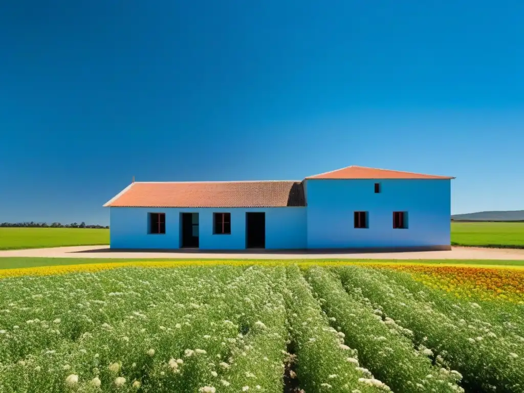 Una escuela rural en Uruguay, rodeada de campos verdes bajo un cielo azul