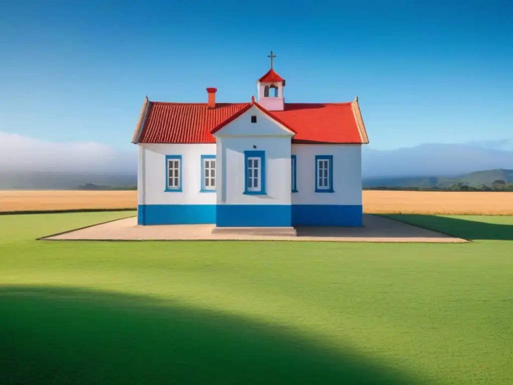 Escuela rural en Uruguay rodeada de campos verdes, transmitiendo paz