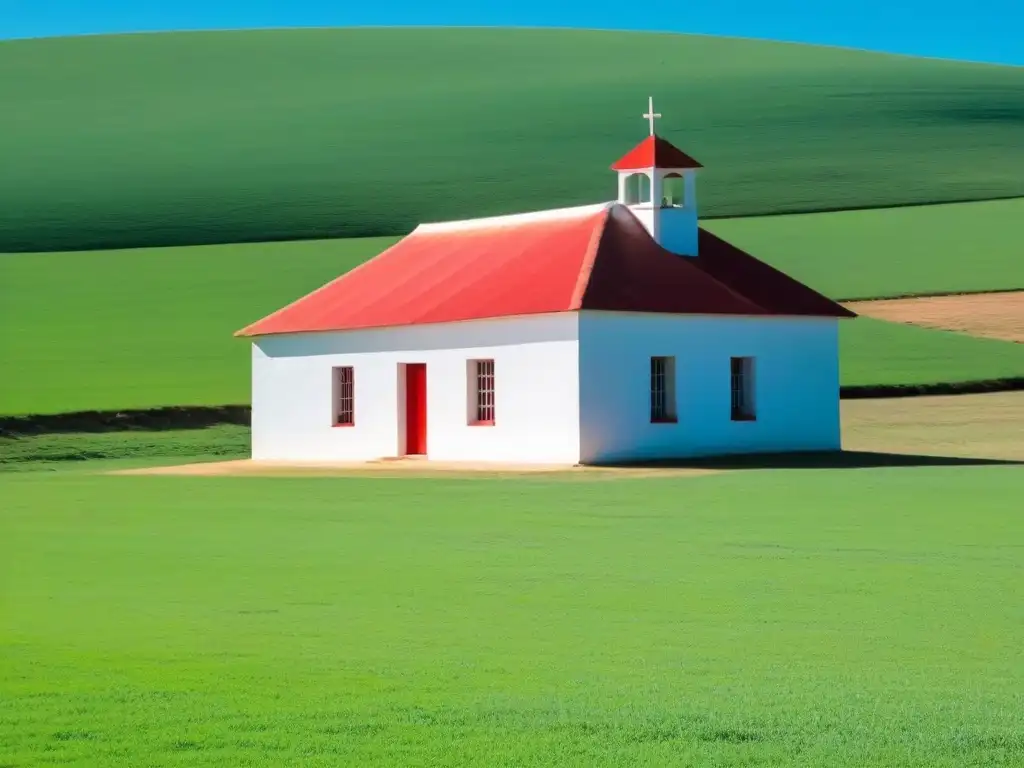 Escuela rural en Uruguay, rodeada de campos verdes y cielo azul, reflejando la educación en zonas rurales Uruguay